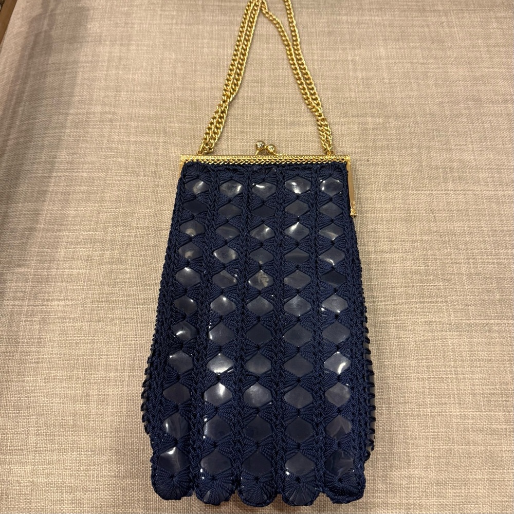 Vintage Crochet Navy Blue Gold Chain Kiss Lock Bag by Solar LTD Italy